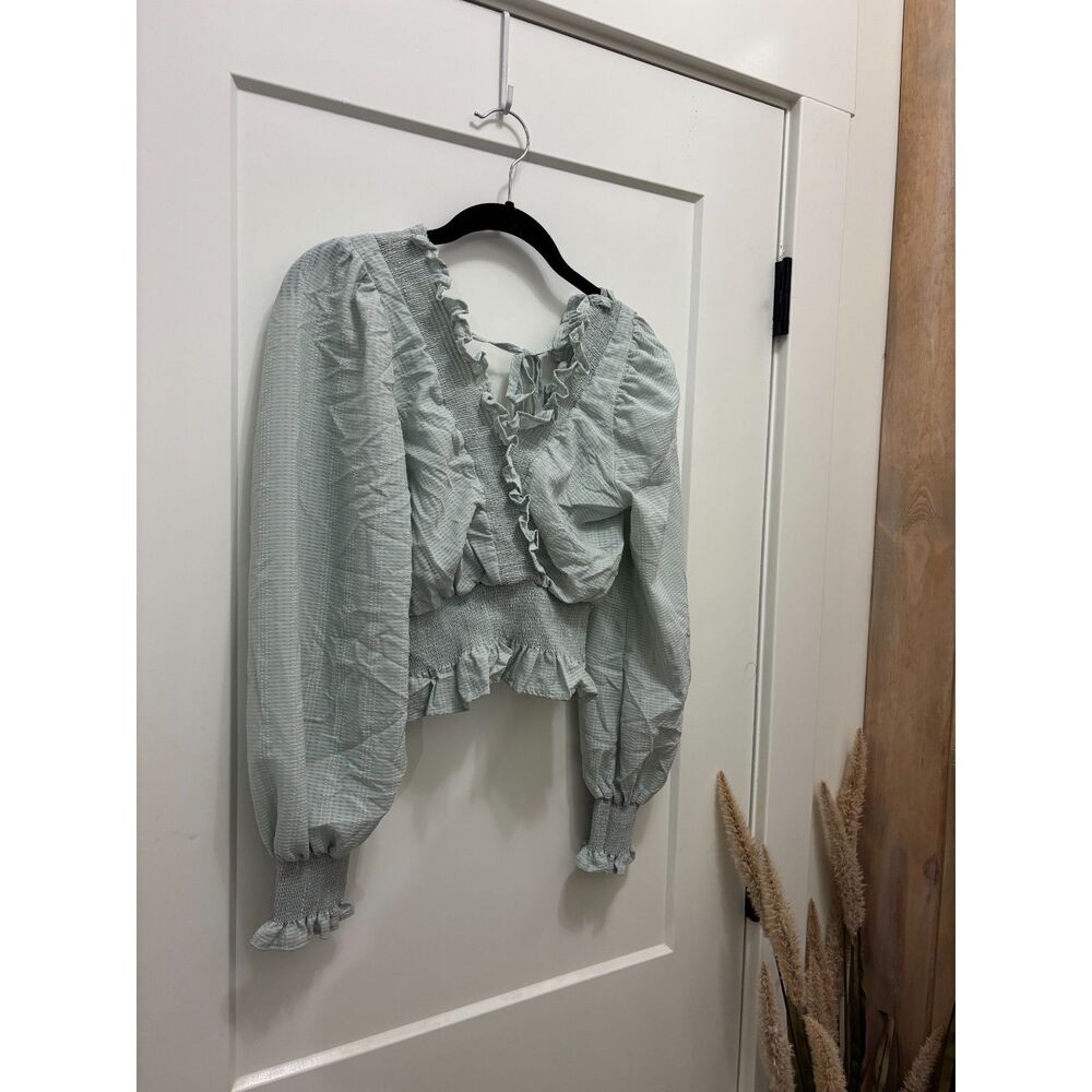 Sage Green Smocked Ruffle Puff Sleeve Blouse